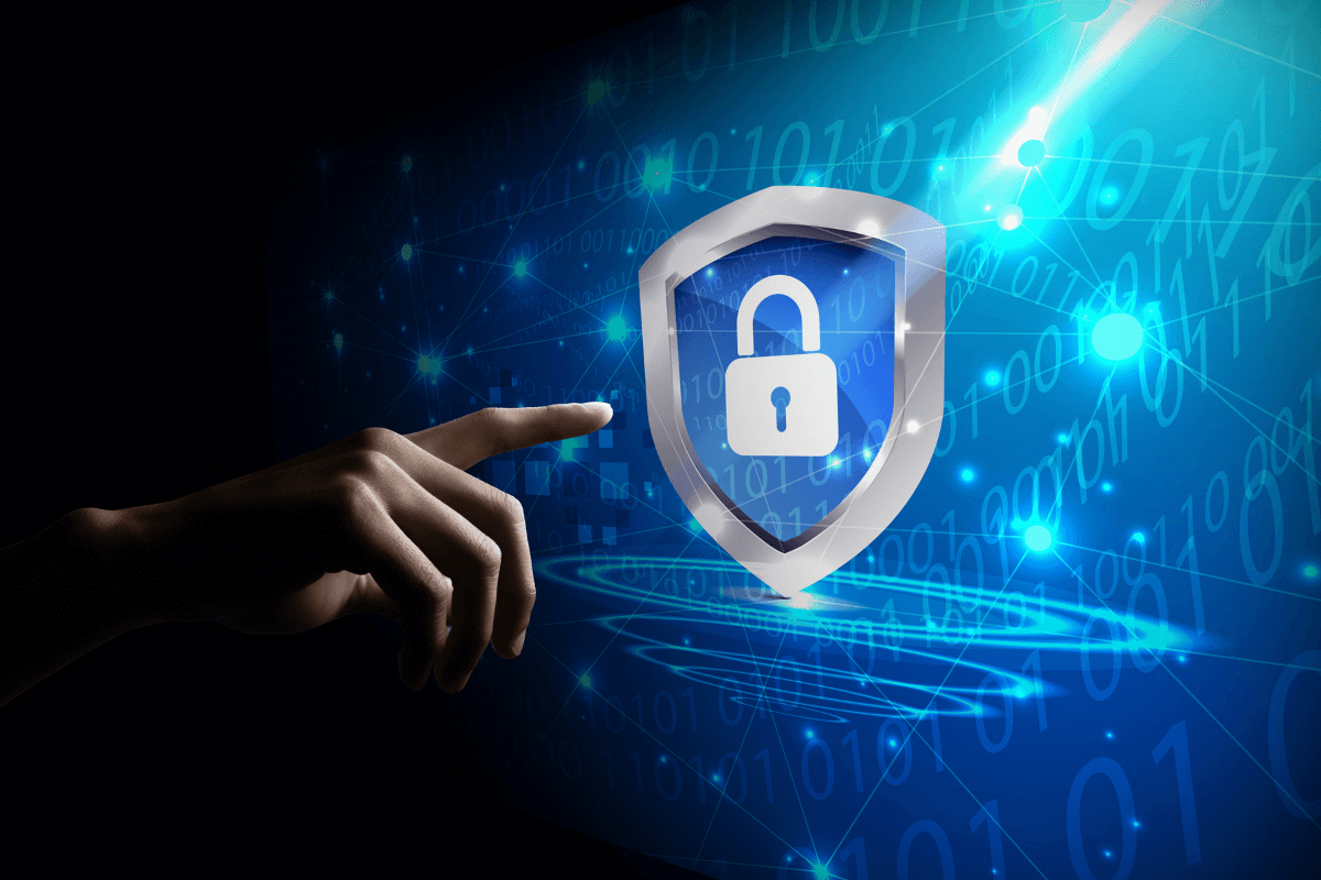 small storefront protected by a digital shield and padlock
