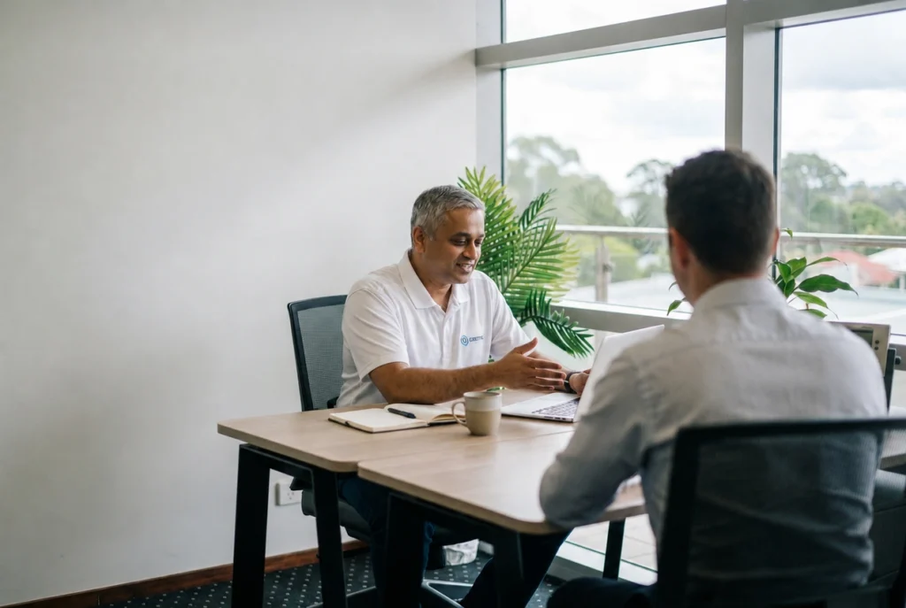 Jim Thomas from Digitek IT meeting with a client at their office